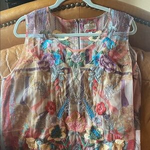 Johnny Was Sheer Floral Midi Dress in Blue, Pink and Cream